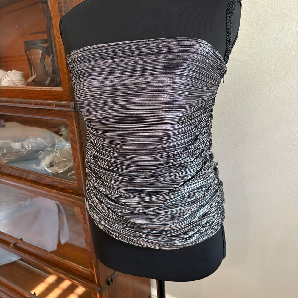 NWT BCBGMaxAzria Black and Silver Ruched Blouse